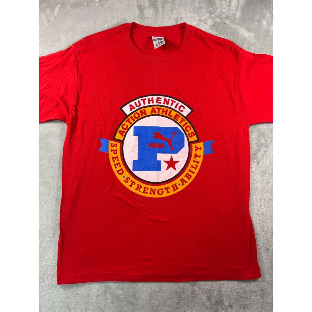 Vintage Puma Authentic Action Athletics Red Graphic T-Shirt Made in USA Large